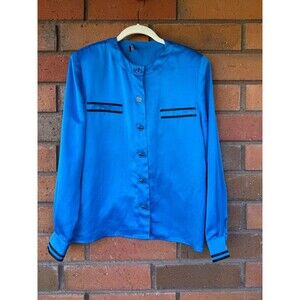 Louis Feraud Silk Blouse Paris Business Casual Metal Button | Blue | US Size 6